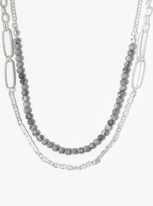 Dual Layer Paperclip Chain With Semiprecious Draping Necklace: GRAY