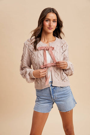 Dusty Rose Cream Cable Knit Ribbon Tie Cardigan