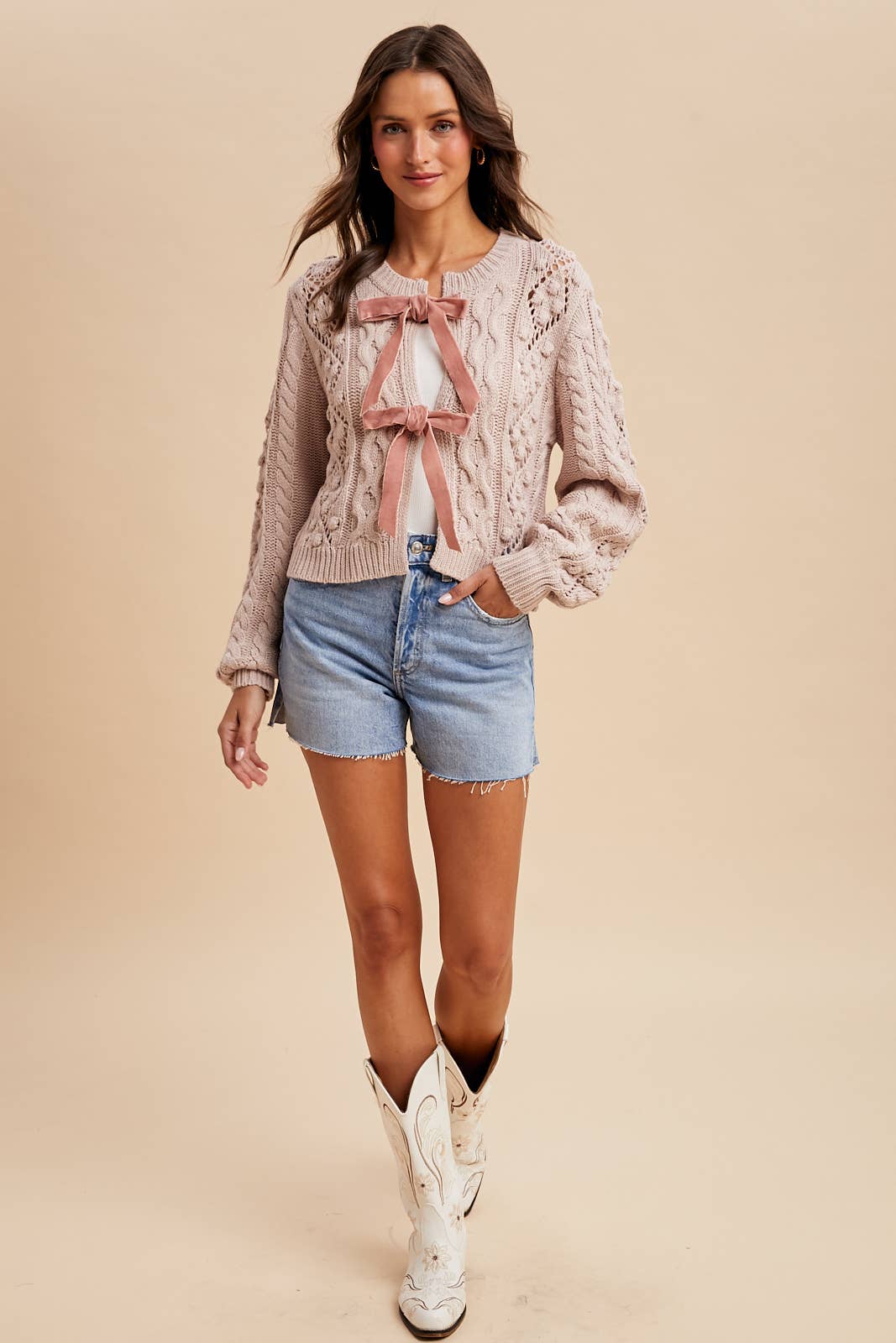 Dusty Rose Cream Cable Knit Ribbon Tie Cardigan