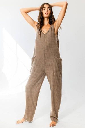 Mocha Tank Textured Knit Jumpsuit With Pockets