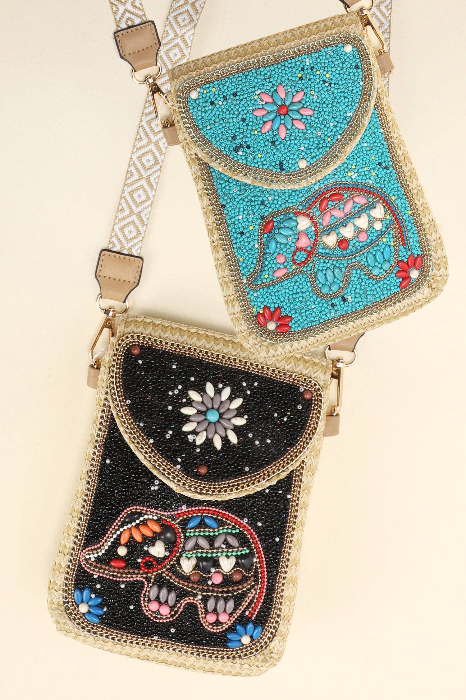 Black Floral Beaded Elephant Crossbody Bag