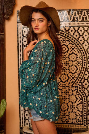 Green Floral Print Lurex Chiffon Blouse Top