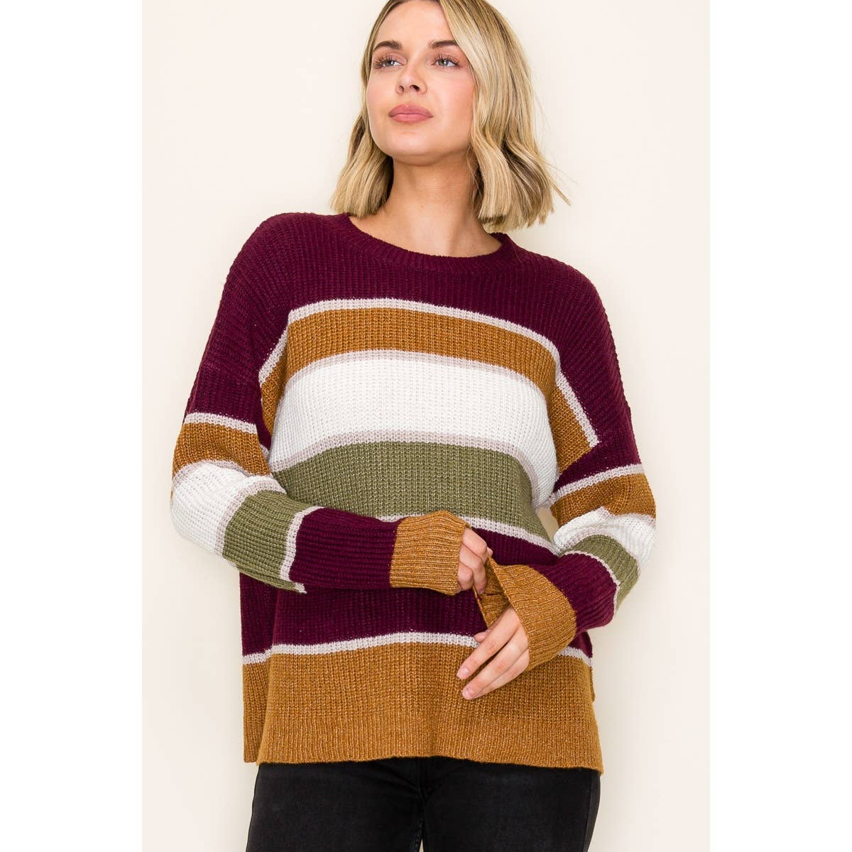 Wine & Camel Striped Sweater