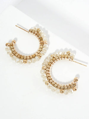 Hoop Earrings With Glass & Square Metallic Beads: Black