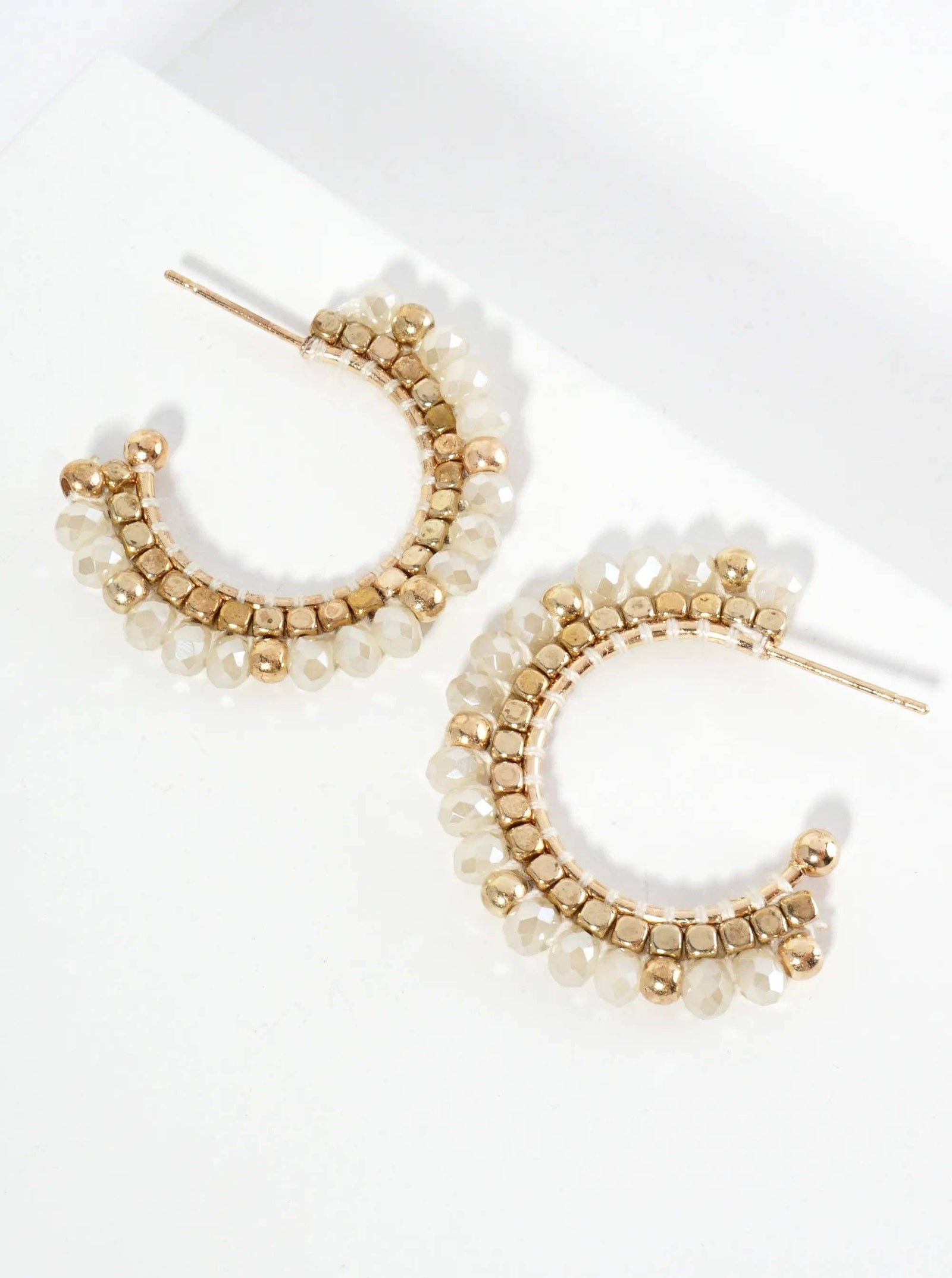 Hoop Earrings With Glass & Square Metallic Beads: Natural