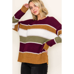 Wine & Camel Striped Sweater