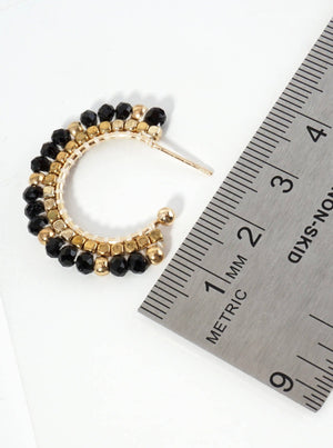 Hoop Earrings With Glass & Square Metallic Beads: Black