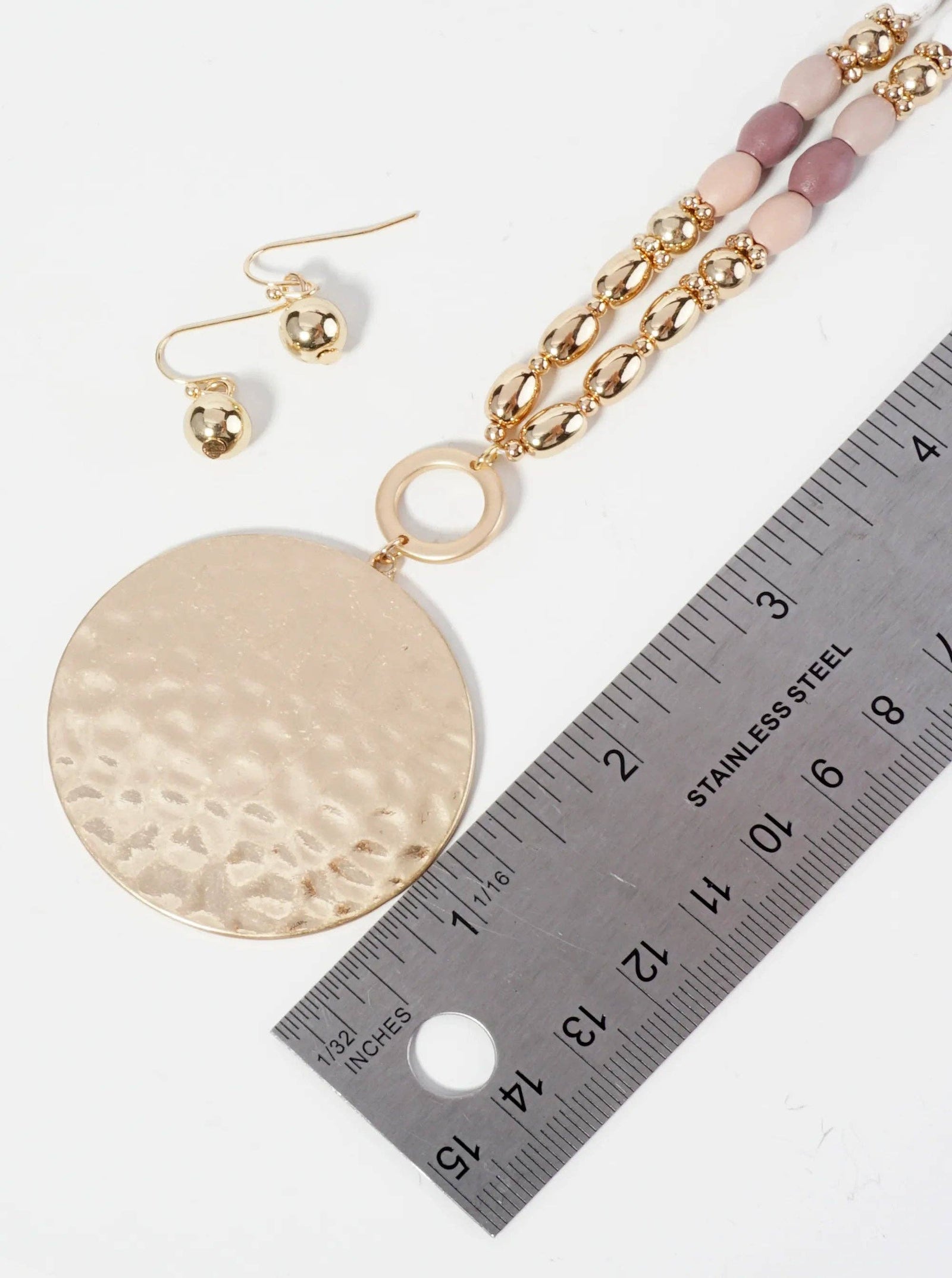 Hammered Circle Pendant Wood Beaded Chain Long Necklace Set With Earrings: Brown Multi