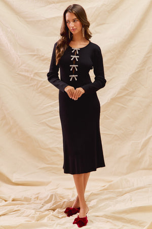 Rhinestone Ribbon Christmas Sweater Midi Dress