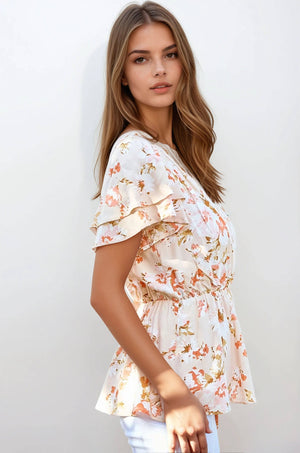 Ditsy Floral V-neck Flutter Sleeve Top