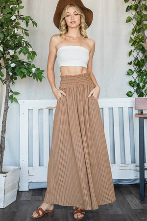 Camel Smocked Waist Band Wide Leg Maxi Pants