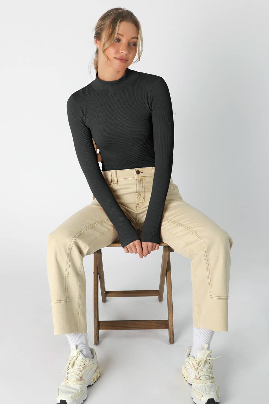 Black Ribbed Mock Neck Top