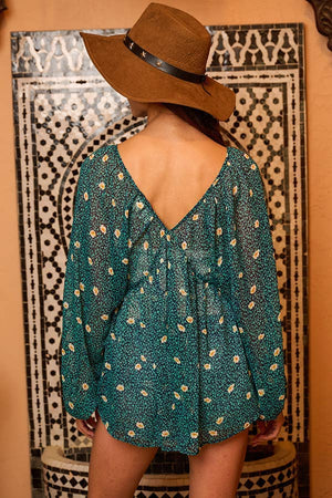 Green Floral Print Lurex Chiffon Blouse Top