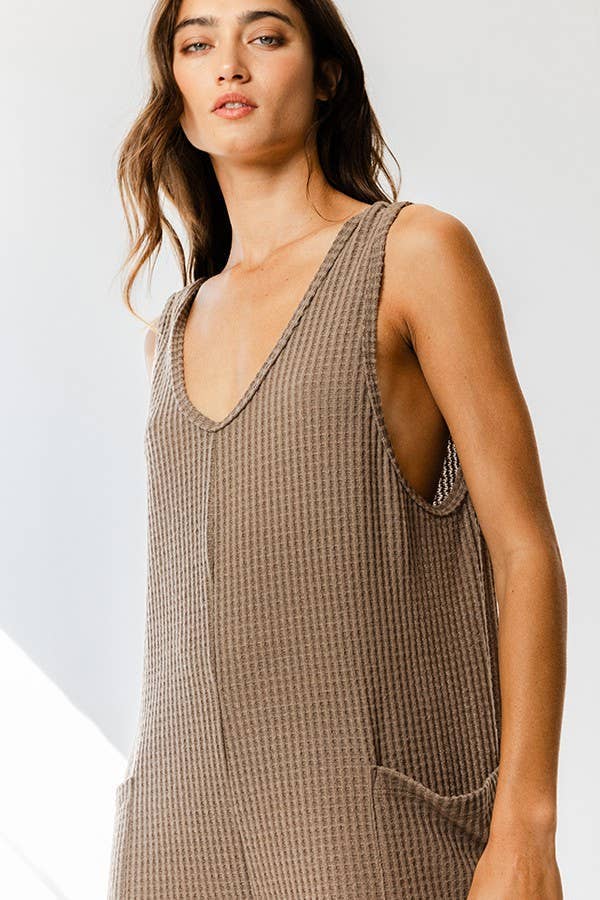 Mocha Tank Textured Knit Jumpsuit With Pockets