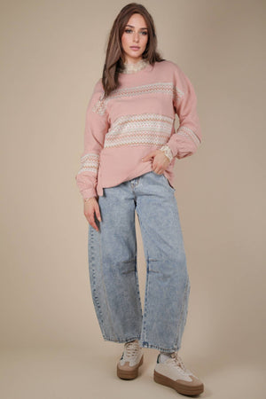 Blush Oversized Printed Knit Contrast Knit Top