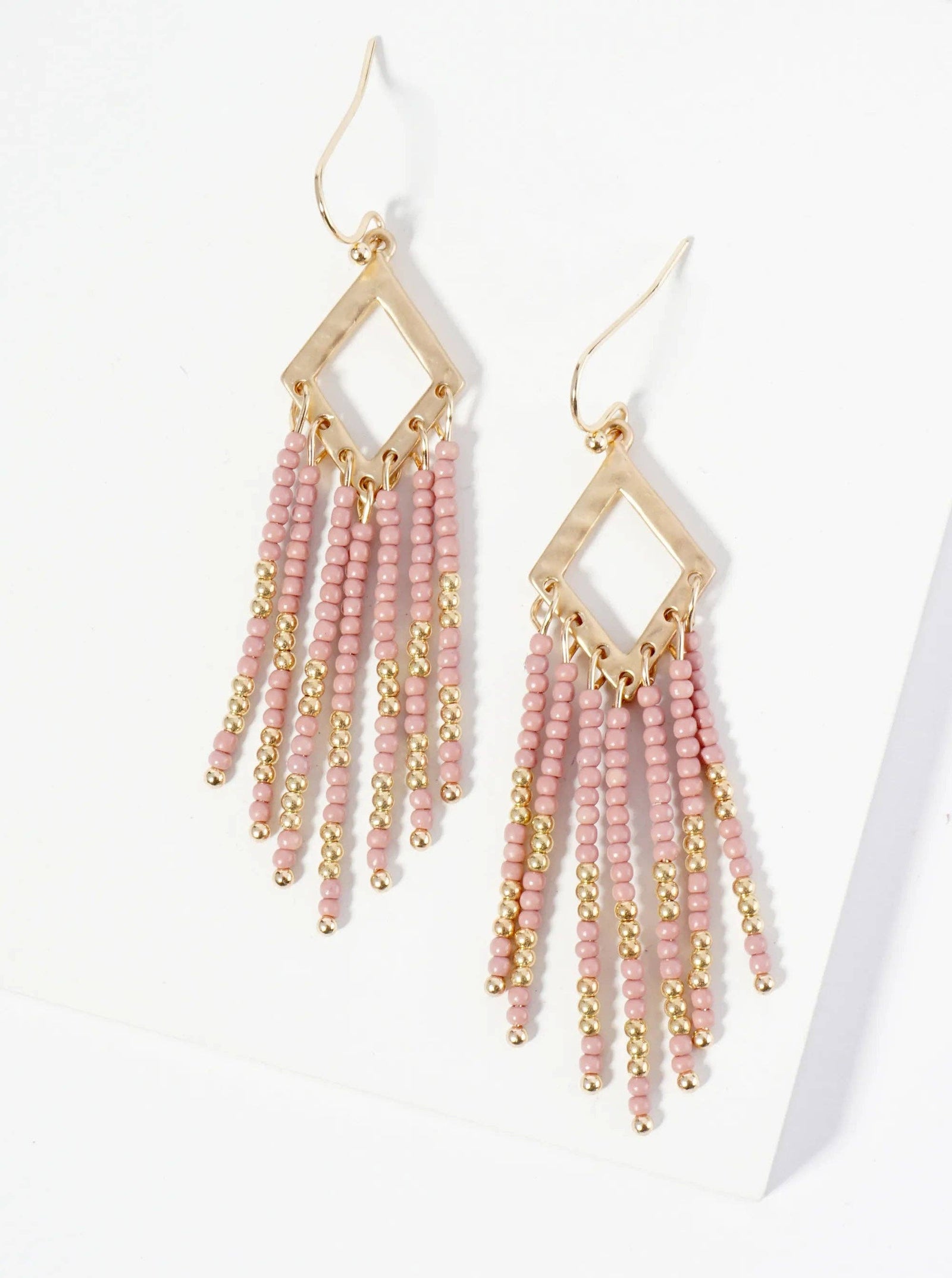 Boho Chic Seed Bead Fringe Earrings: Dusty Pink