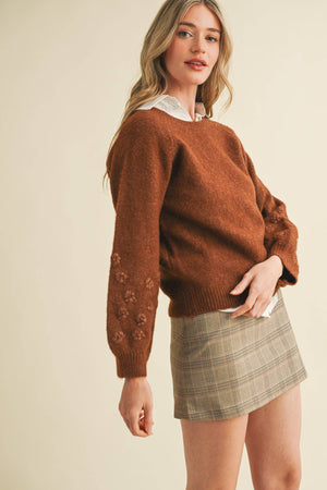 Mocha Floral Knit Puff Sleeve Sweater