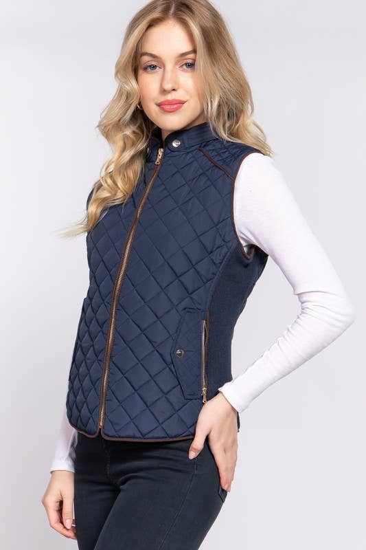 Navy Suede Piping Detail Rib Quilted Vest