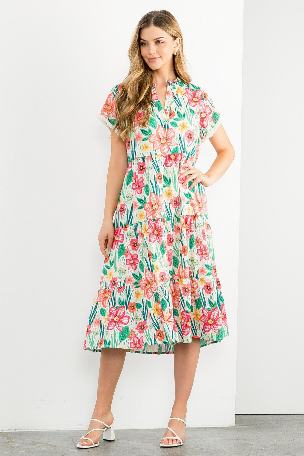 Short Sleeve Flower Print Tiered Midi Dress
