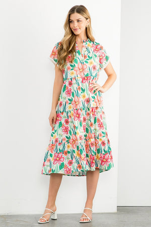 Short Sleeve Flower Print Tiered Midi Dress