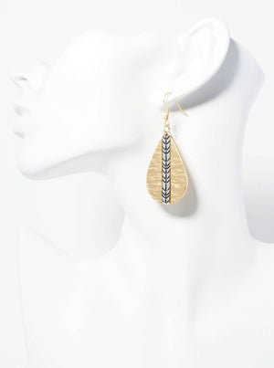 Dual-Tone Chevron Engraved Hammered Teardrop Dangle Earrings: Matte Silver-Matte Gold