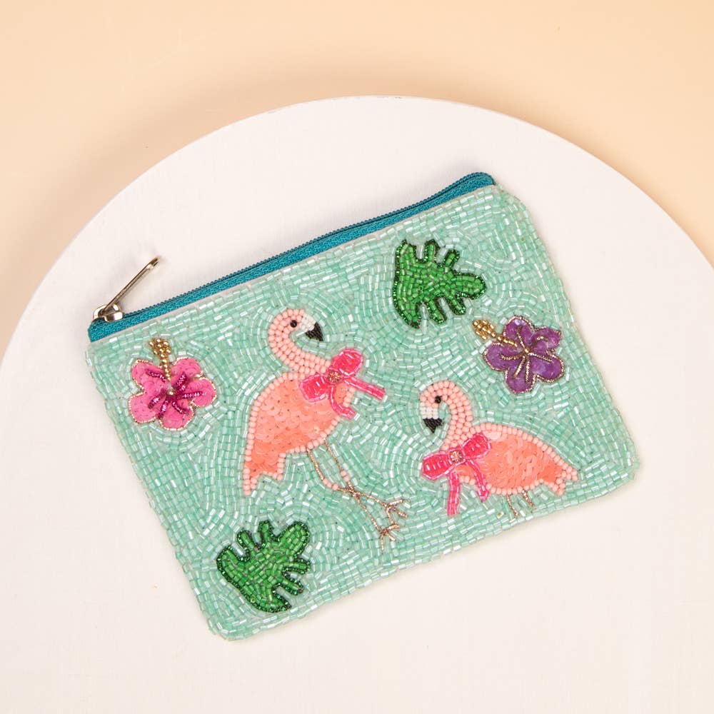 Blue Pink Flamingo Beaded Card Coin Bag