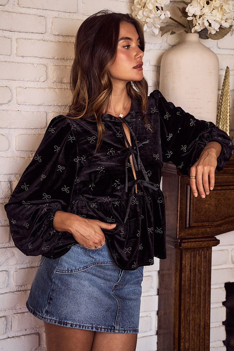 Black Holiday Christmas Ribbon Embellished Velvet Top