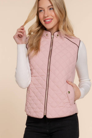 Pink Suede Piping Detail Rib Quilted Vest