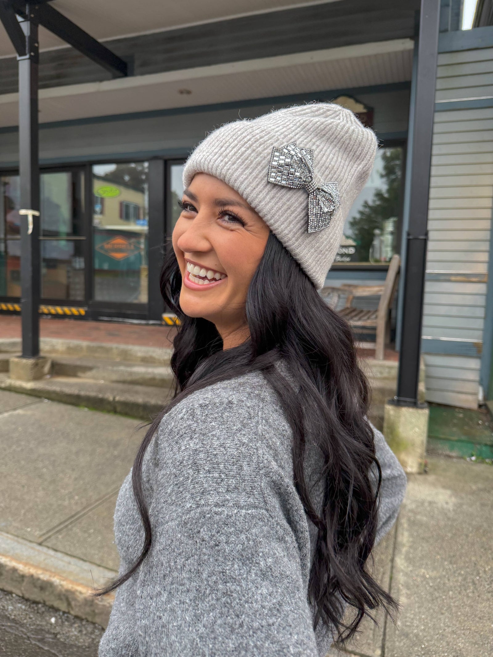 *FINAL SALE* Grey Rhinestone Bow Cuff Beanie
