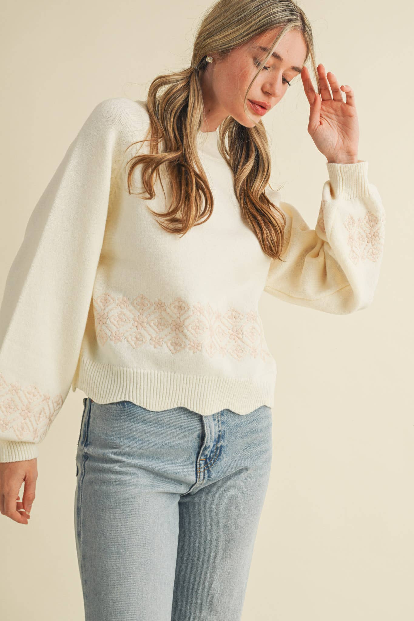 Ivory Scallop Hem Embroidered Sweater