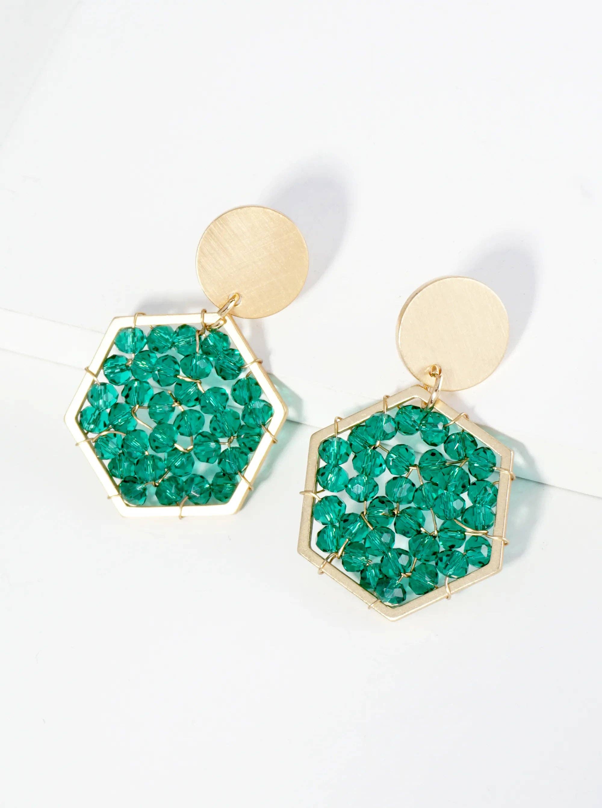 Faceted Glass Beads Hexagon Drop Dangle Earrings: Emerald