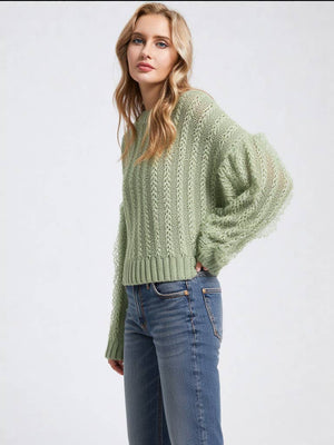 Sage Lace Trim Oversized Knit Sweater Top