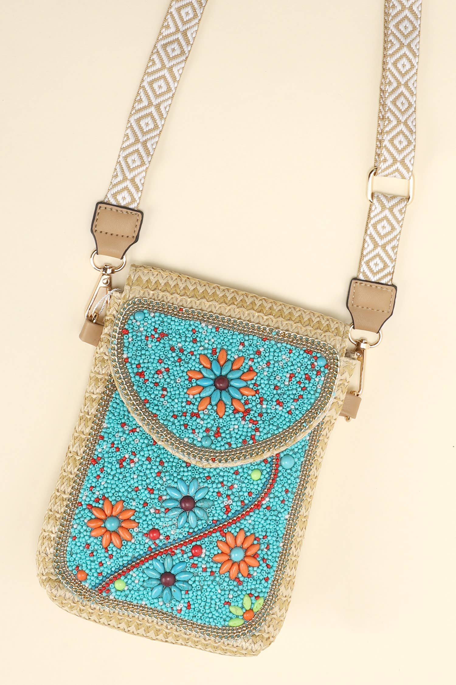Turquoise Beaded Flower Crossbody Bag