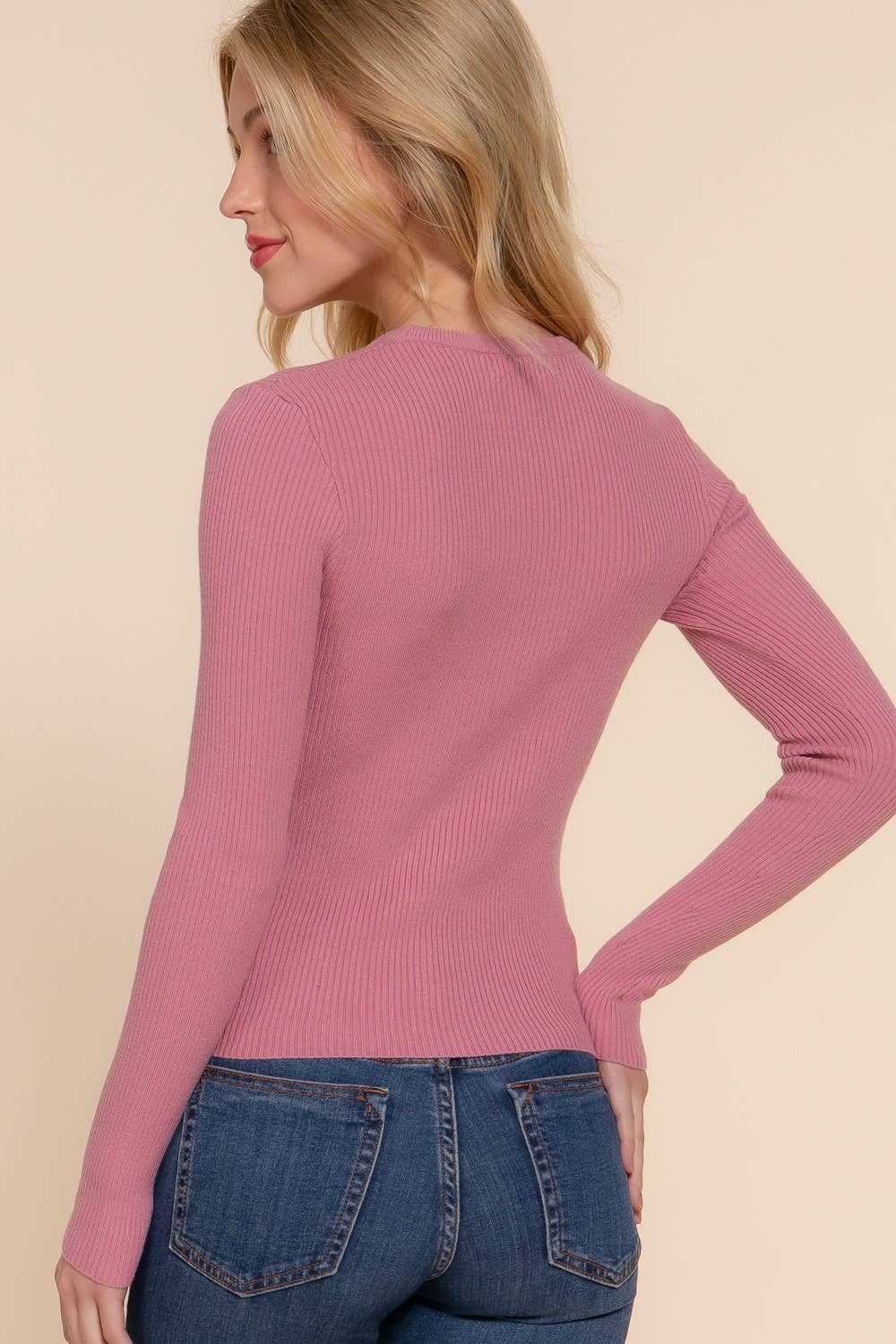 Pink  Crew Neck Viscose Rib Sweater