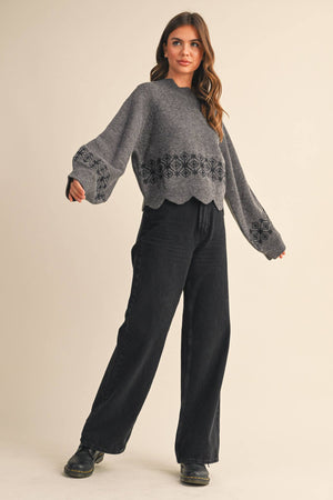 Charcoal Scallop Hem Embroidered Sweater