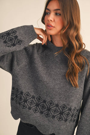 Charcoal Scallop Hem Embroidered Sweater