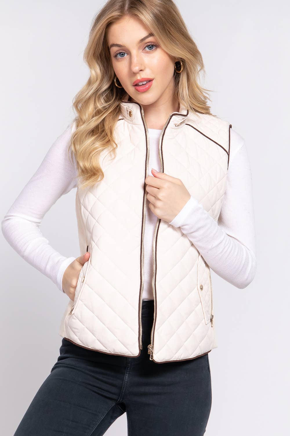 Ivory Suede Piping Detail Rib Quilted Vest