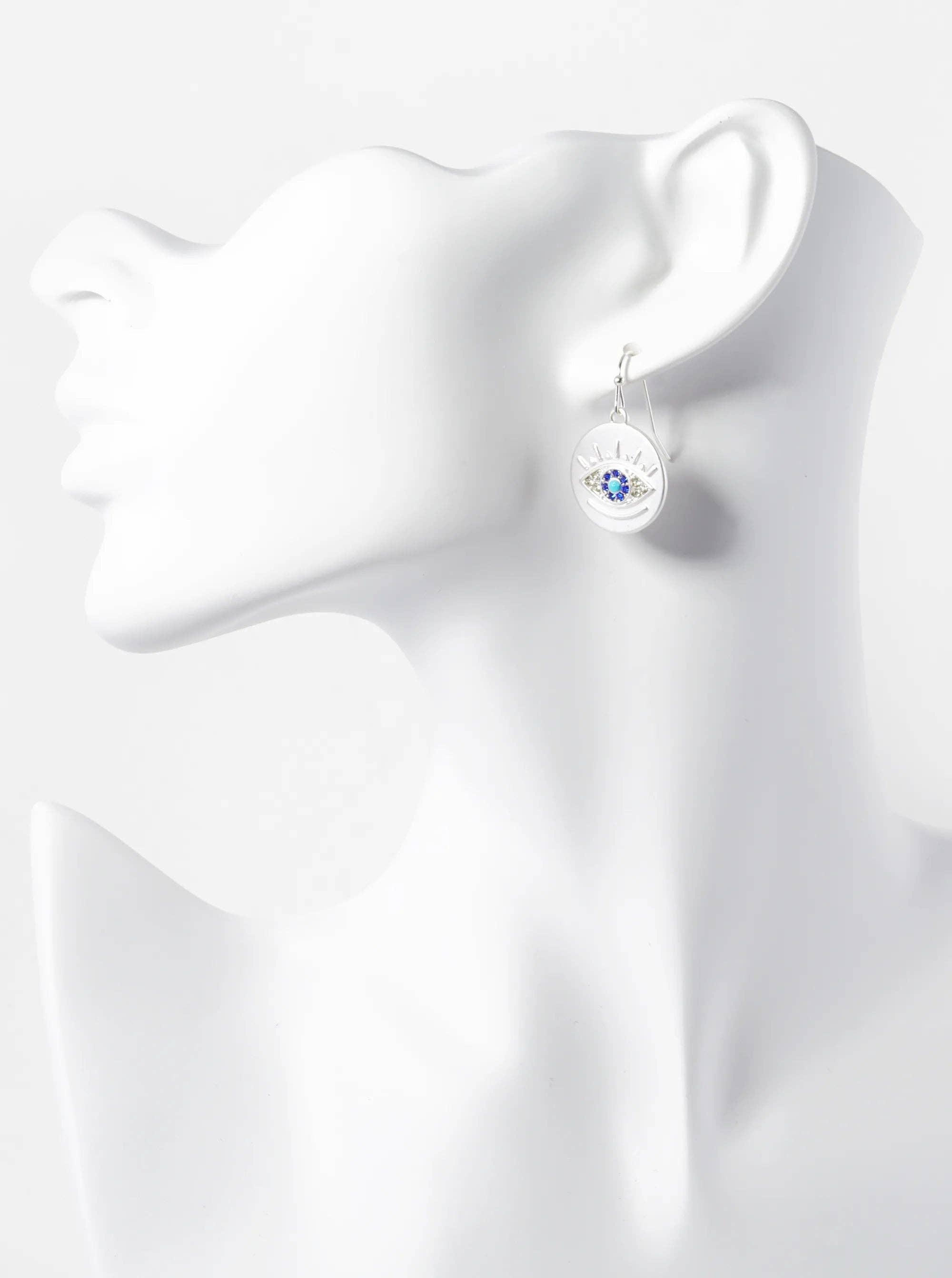 Evil Eye Disc Drop Dangle Earrings: Matte Silver