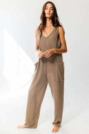 Mocha Tank Textured Knit Jumpsuit With Pockets