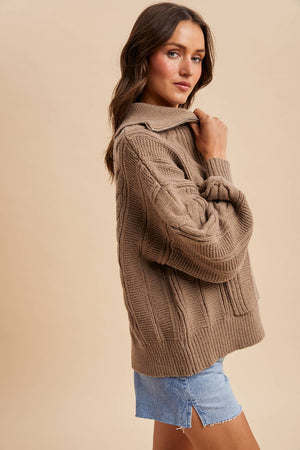 Fawn Chunky Cable Knit Hal Zip Sweater