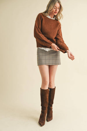 Mocha Floral Knit Puff Sleeve Sweater
