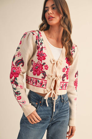 Cream Floral Tie Sweater