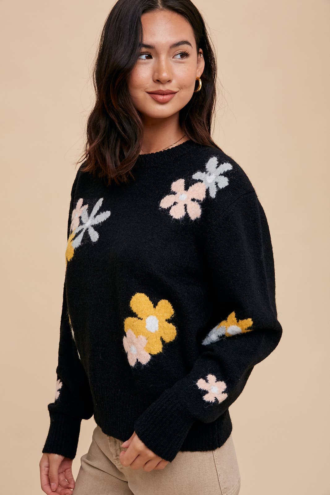 Black Floral Crew Neck Sweater