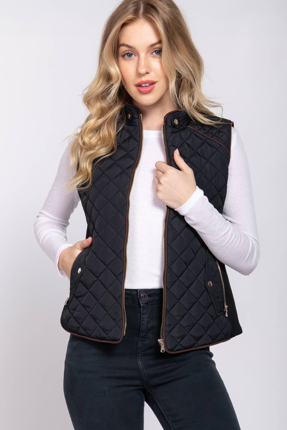 Black Suede Piping Detail Rib Quilted Vest