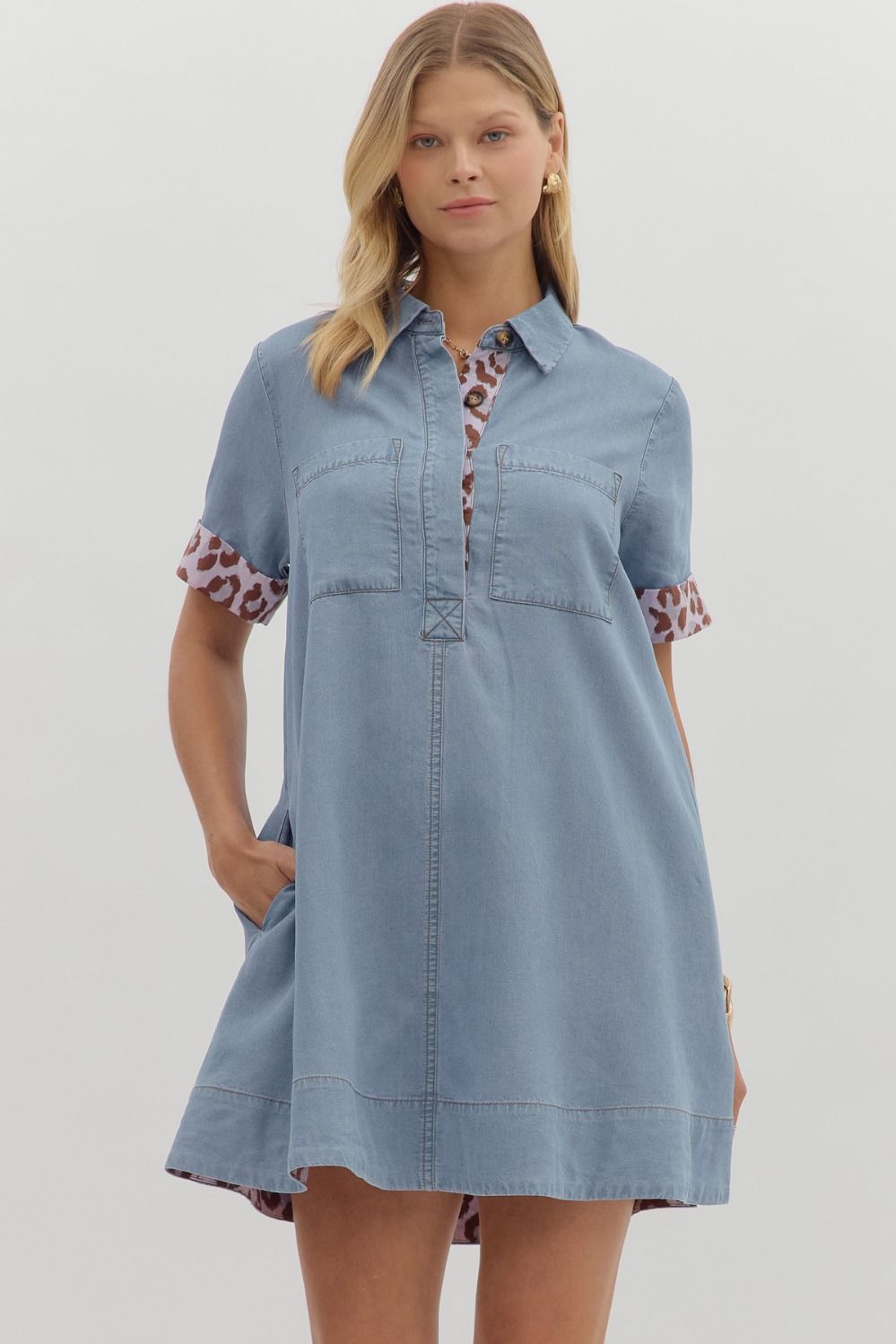 Chambray Leopard Accent Collared Dress