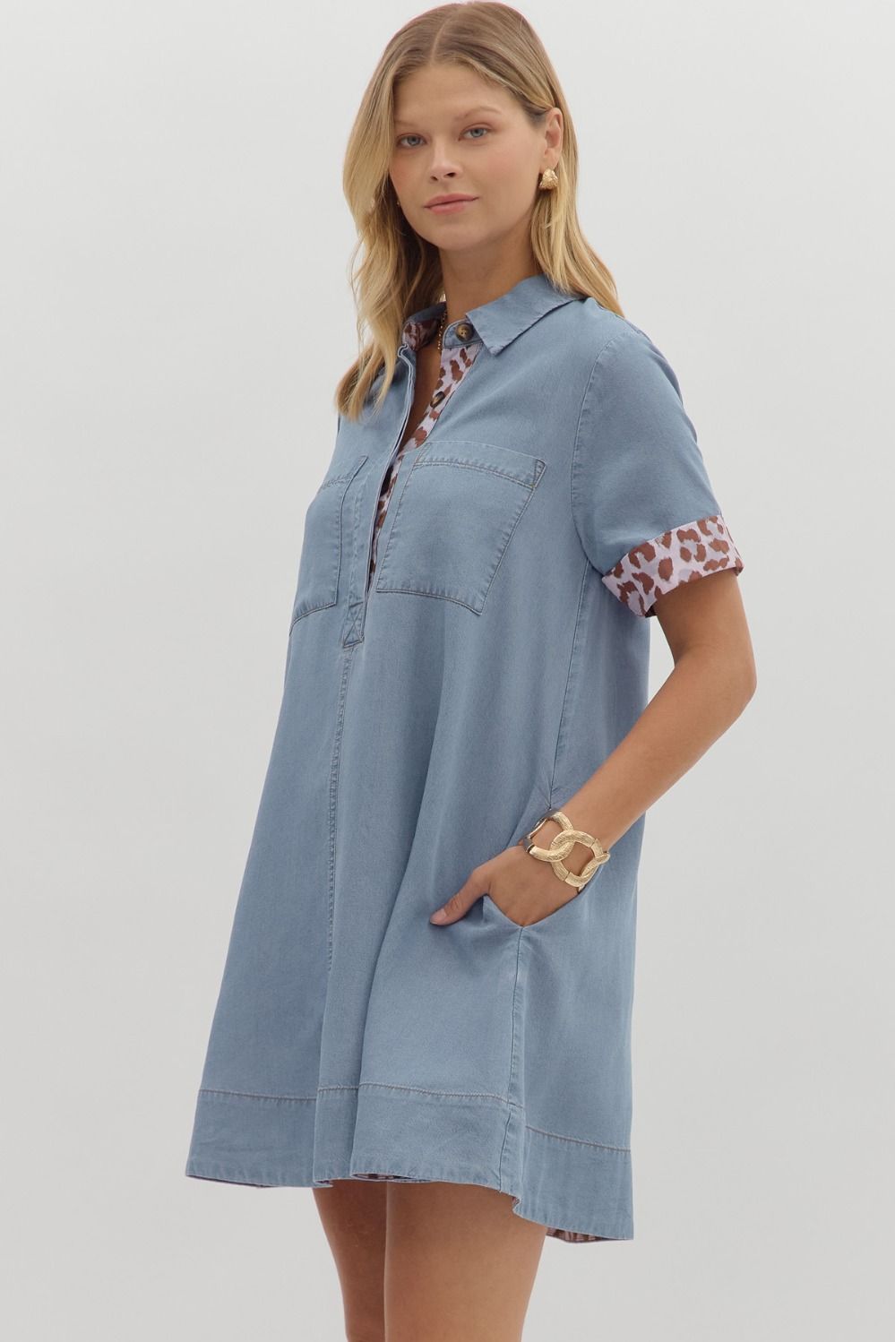 Chambray Leopard Accent Collared Dress