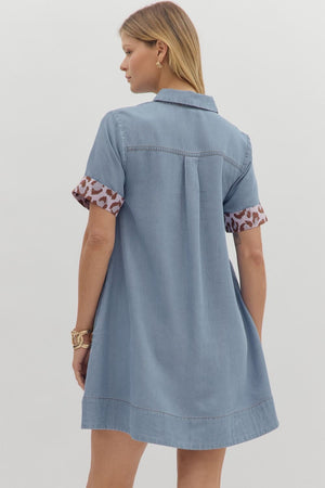 Chambray Leopard Accent Collared Dress