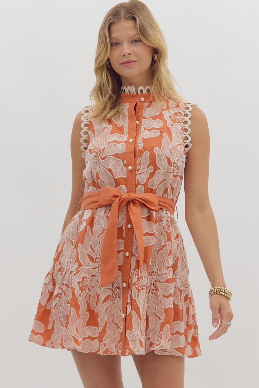 Rust Embroidered Lace Trim Dress
