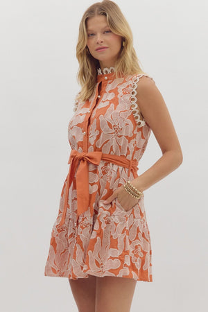 Rust Embroidered Lace Trim Dress