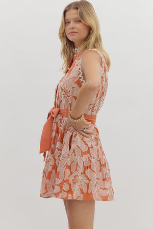 Rust Embroidered Lace Trim Dress